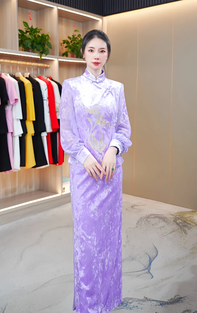 马姑娘专属-88020-2025新款国风凤凰刺绣丝绒立领旗袍短裙套裙