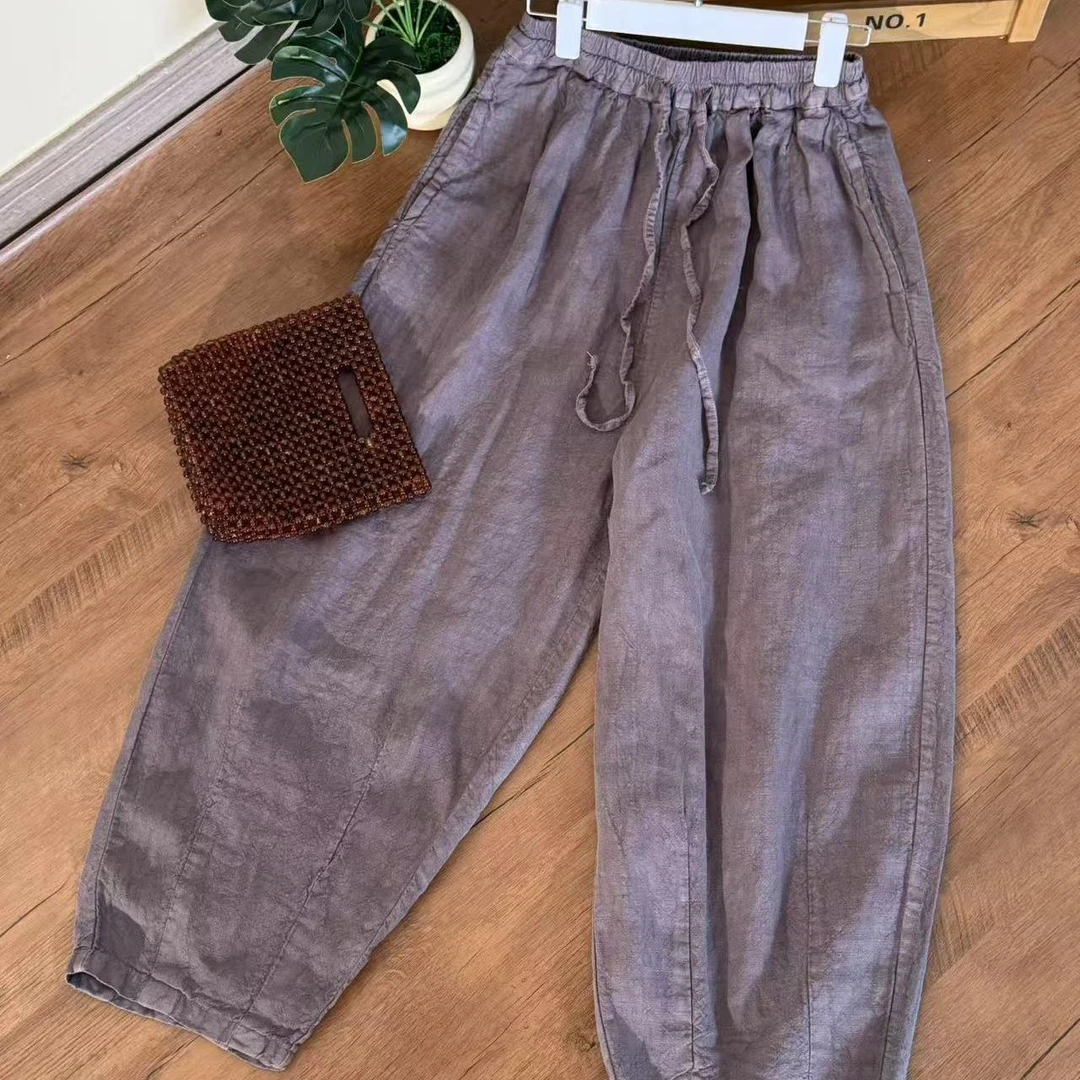 【云目悠悠】春夏季纯汉麻纯色女士宽松收脚老爹裤-2025200