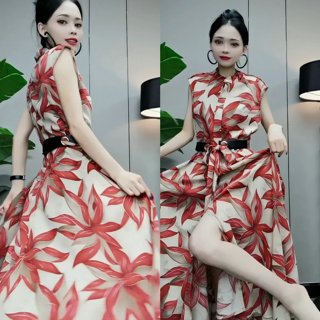 12863#Hc夏新款时尚显气质御姐范百搭长款显瘦连衣裙甜美系印花裙