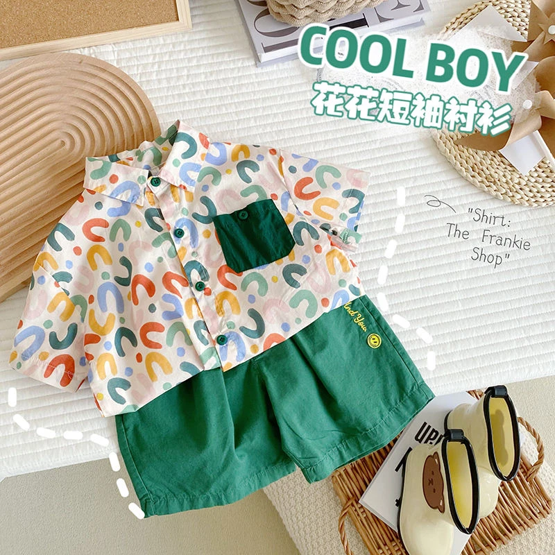 男童夏季短袖套装2025韩版花衬衫儿童透气夏装宝宝衬衫短裤两件套