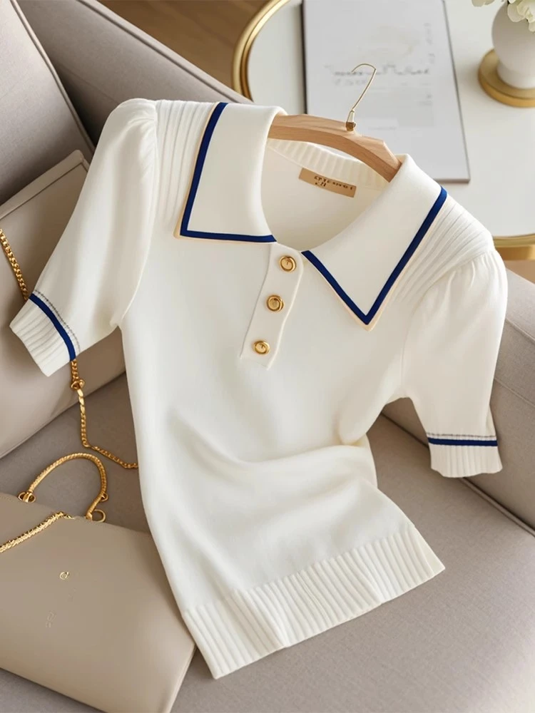 2025夏季法式小上衣设计感小众独特超好看时尚白色polo领短袖t恤