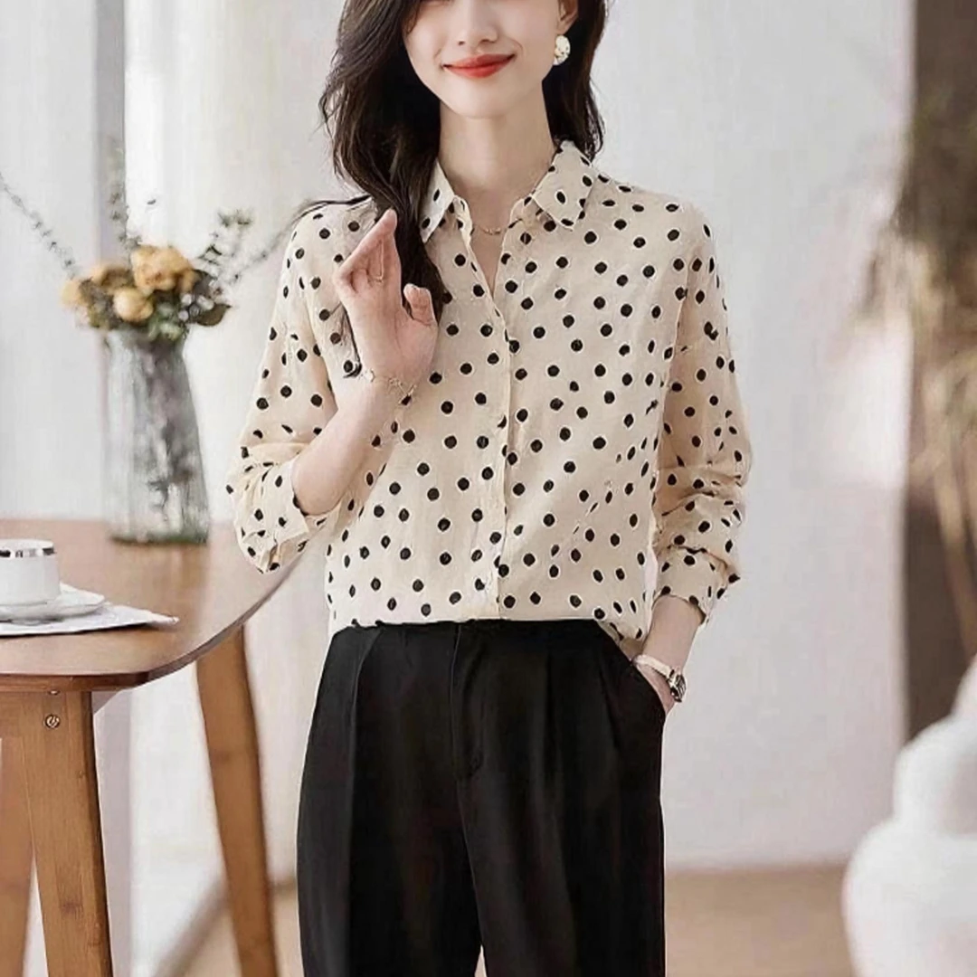 2962时尚波点翻领衬衫夏新款气质百搭显瘦开衫洋气减龄长袖女上衣