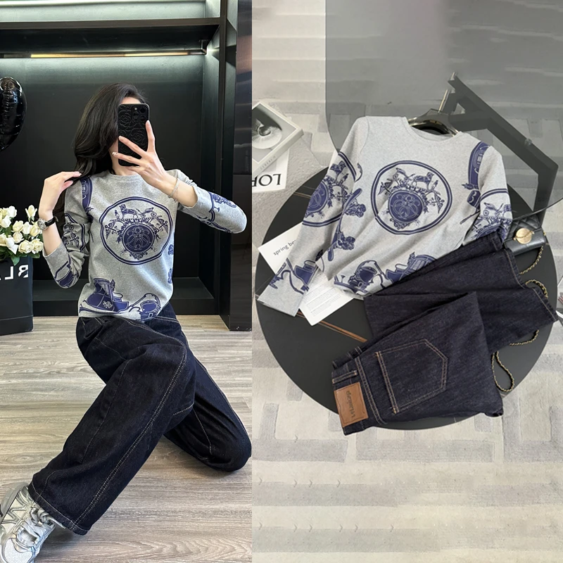 长袖灰色印花T恤时尚套装春秋爆款复古宽松直筒阔腿牛仔裤两件套
