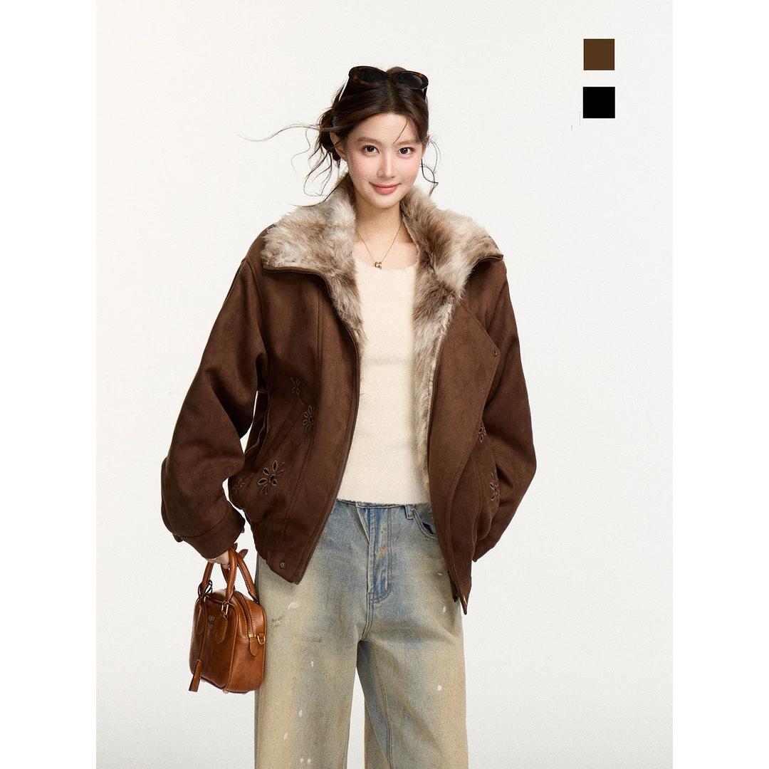 谢不肉 复古翻领镂空刺绣夹克外套女冬季毛绒保暖百搭厚外套51145