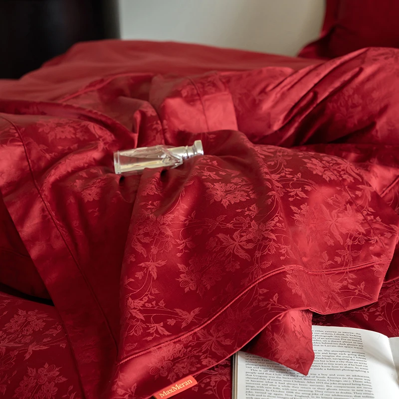 南通高端家纺高级感婚庆100全棉长绒棉提花四件套红色床单纯棉结