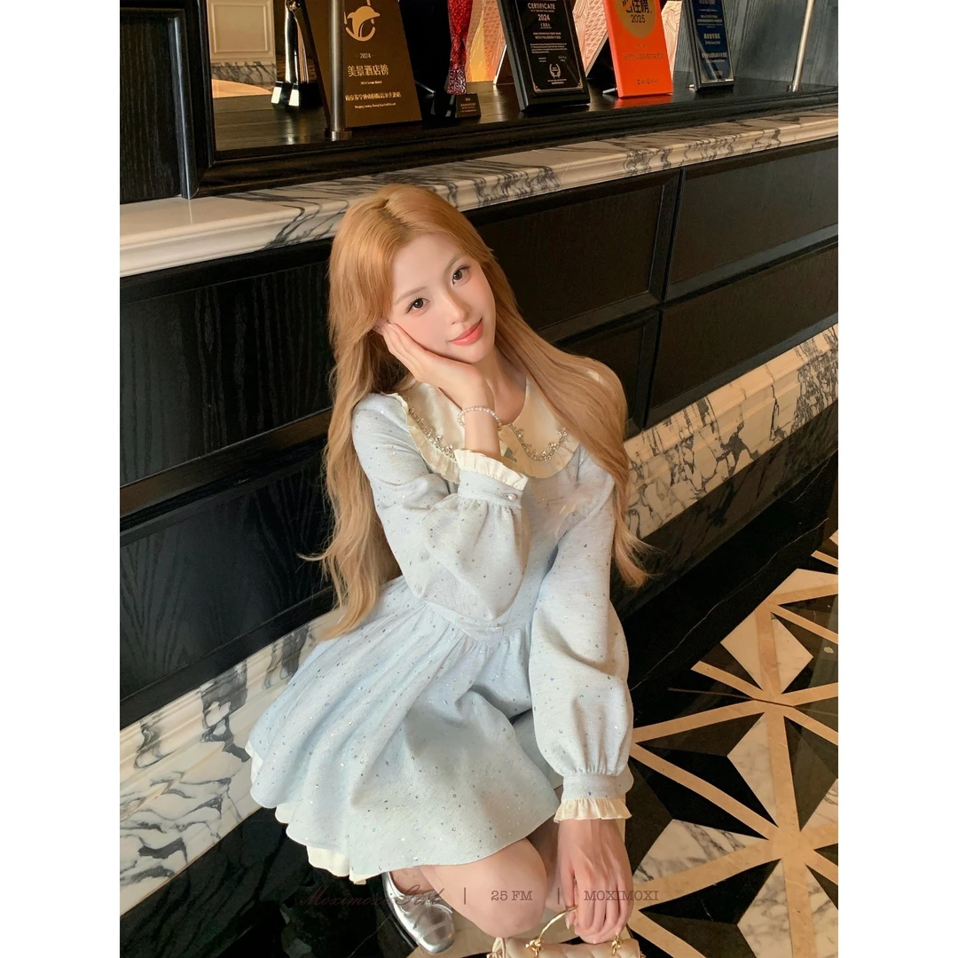 韩系千金公主风小香风娃娃领粗纺纱绣亮片连衣裙秋冬