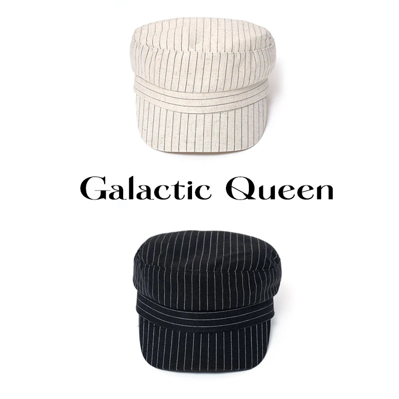 Galactic Queen高品质时尚棉麻条纹平顶八角帽报童帽