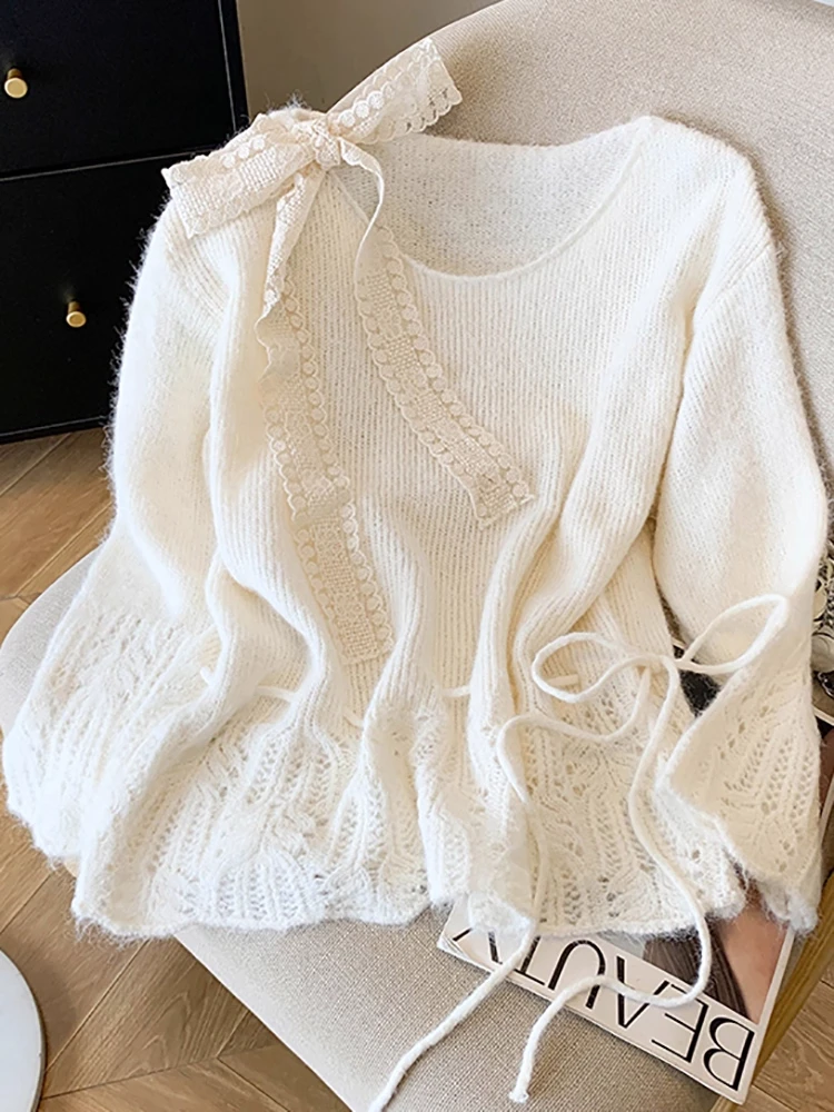2025秋冬季新款减龄宽松针织衫上衣温柔蕾丝蝴蝶结系带减龄毛衣女