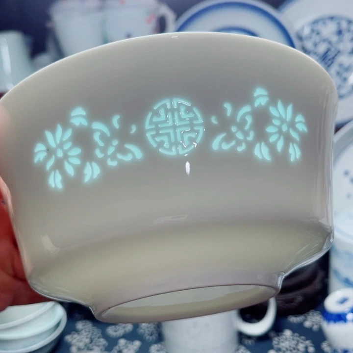 青花玲珑6.5寸面碗烟花小失圆