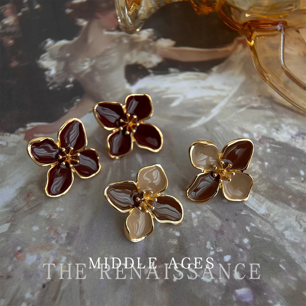 黄铜珐琅耳饰 铜合金 美拉德珐琅花朵珍珠气质高级小众法式耳钉