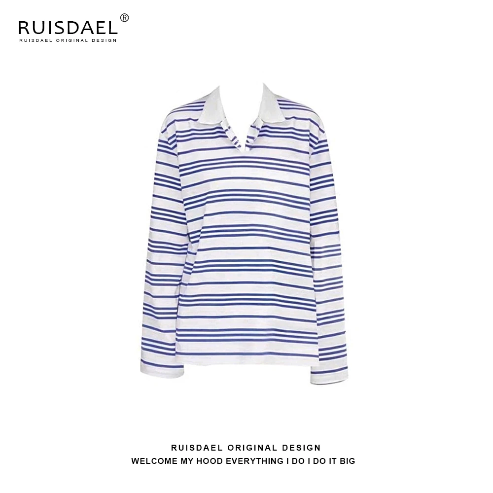 RUISDAEL韩版学院风正肩条纹POLO领长袖t恤女宽松百搭甜辣妹上衣