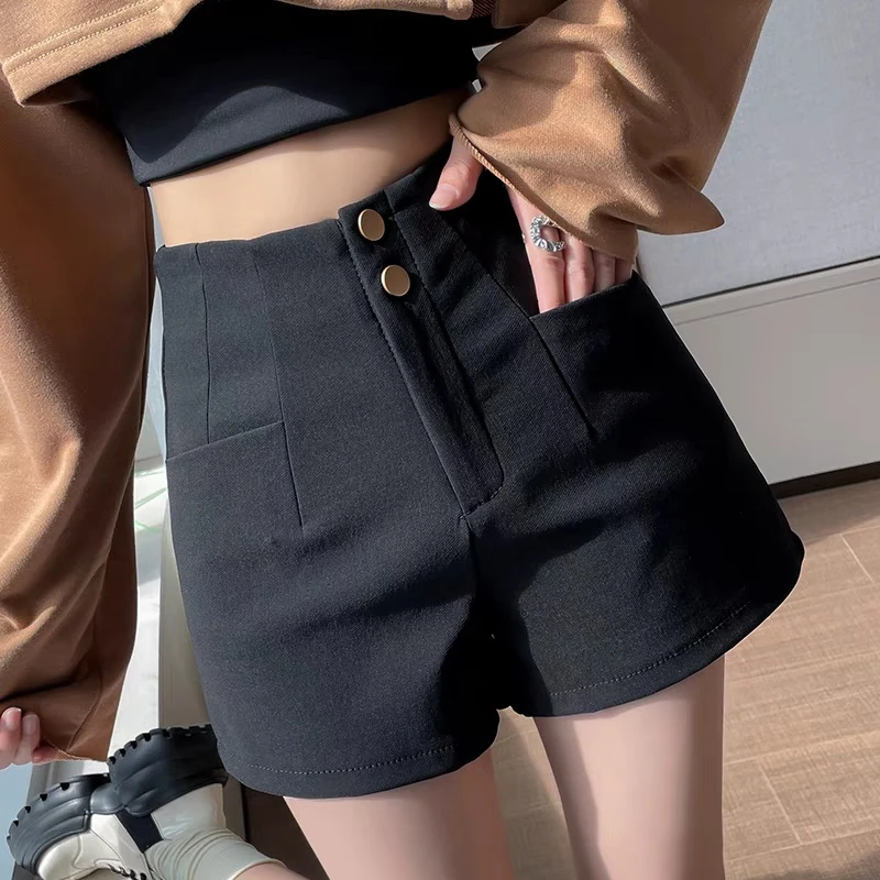 黑色高腰扣子短裤辣妹女小个子显瘦打底高腰热裤网红短裤秋冬外穿