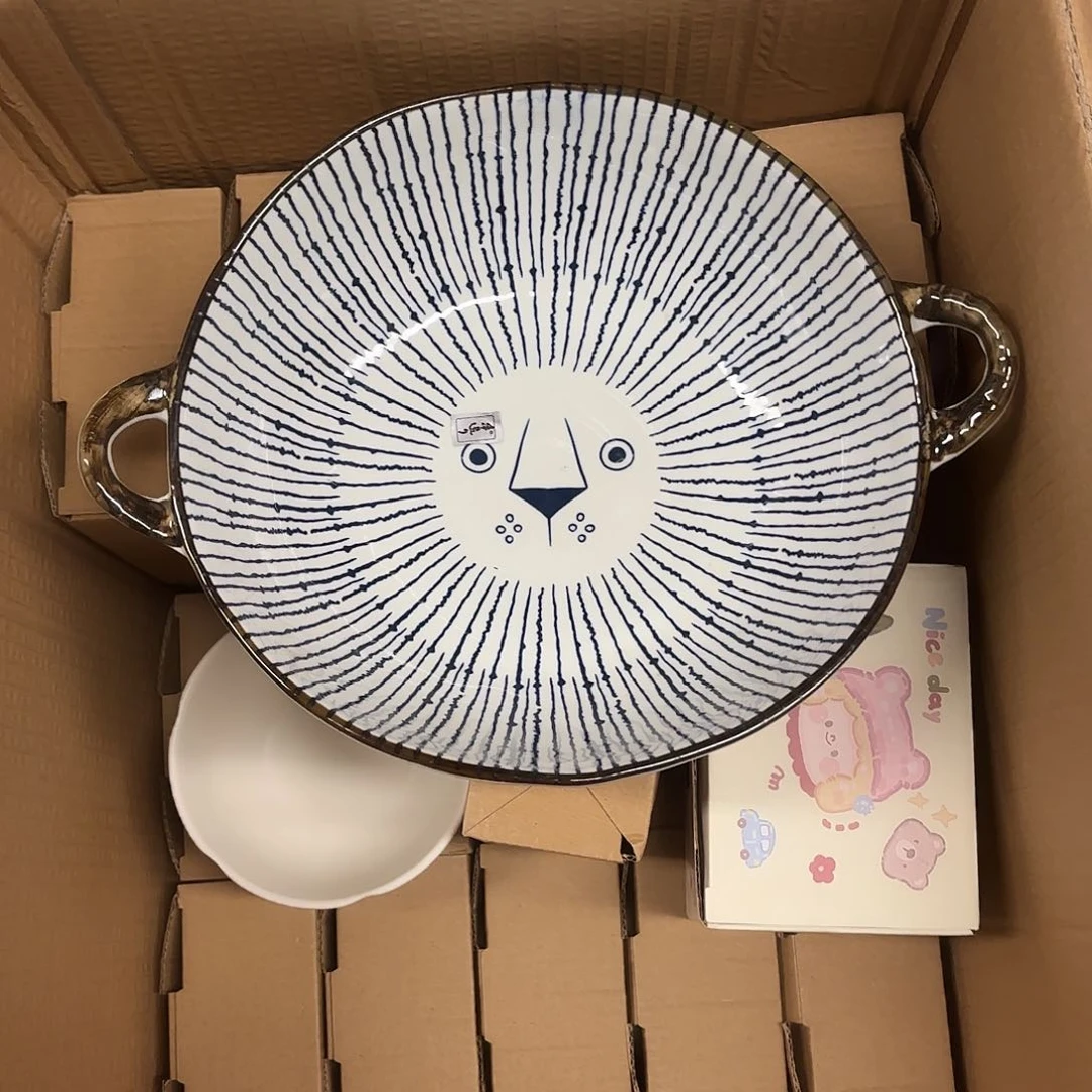 白瓷狮子双耳大汤盆