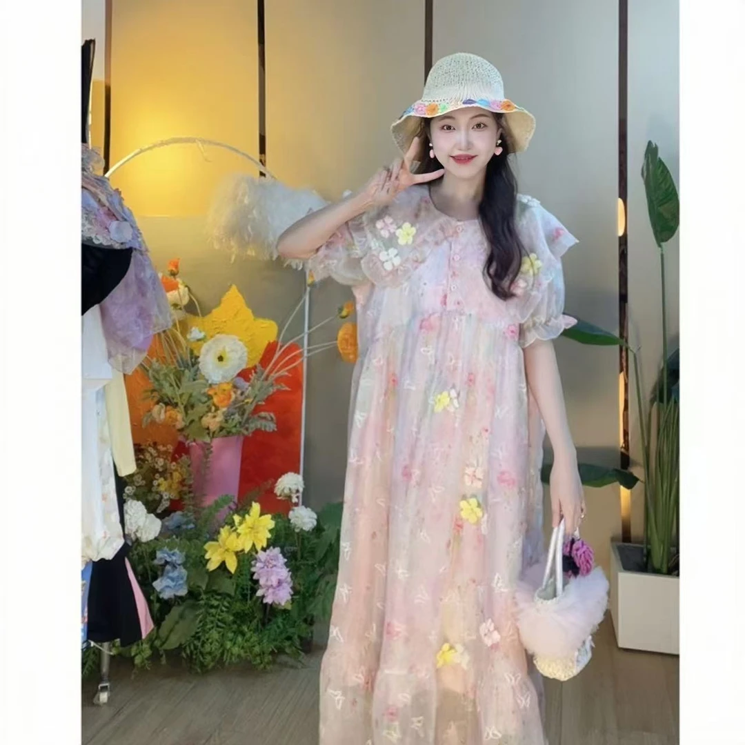 燃冉【清甜晚风】夏季韩版娃娃领甜美碎花连衣裙泡泡袖宽松连衣裙