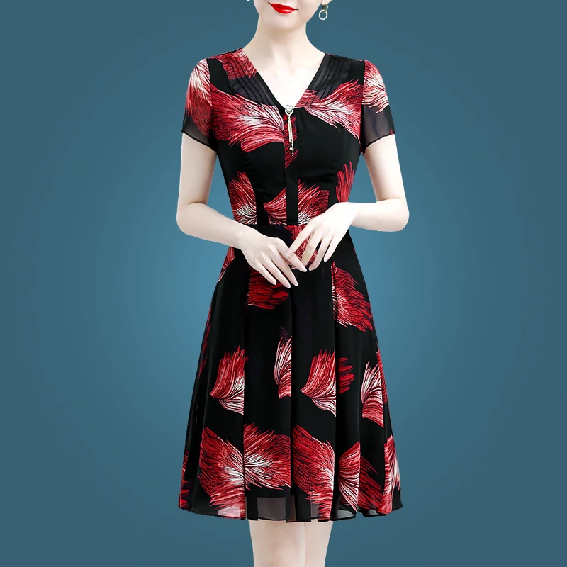 10050印花雪纺连衣裙气质V领短袖春夏装a字裙