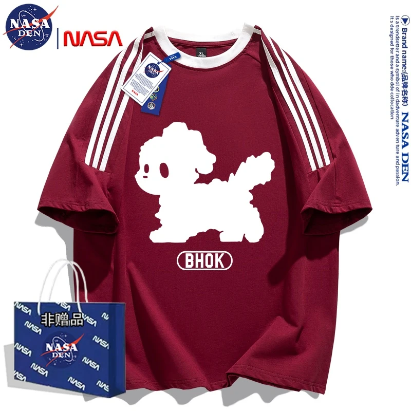 NASA联名重磅纯棉舒适短袖T恤男女款时尚百搭插肩三条杠印花上衣