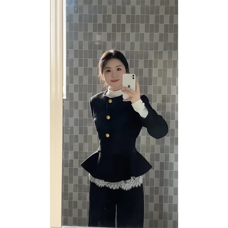 黑色小香风毛呢外套秋季褶皱收腰显瘦高级感气质上衣长款裤子套装