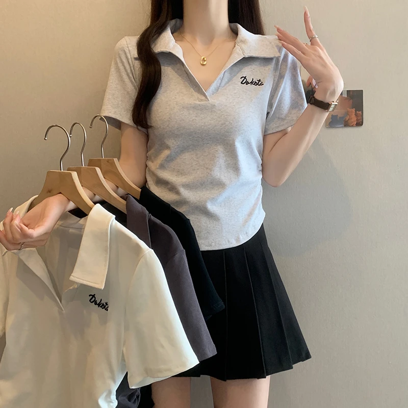 胖美2025新款大码polo领褶皱收腰短袖T恤夏季胖MM刺绣显瘦上衣