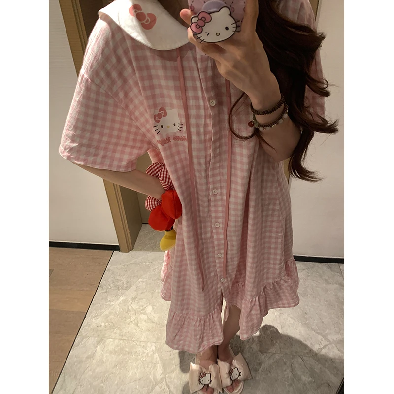 【格纹kitty】韩系甜美可爱睡裙女夏季新款亲肤连体裙家居服可外穿