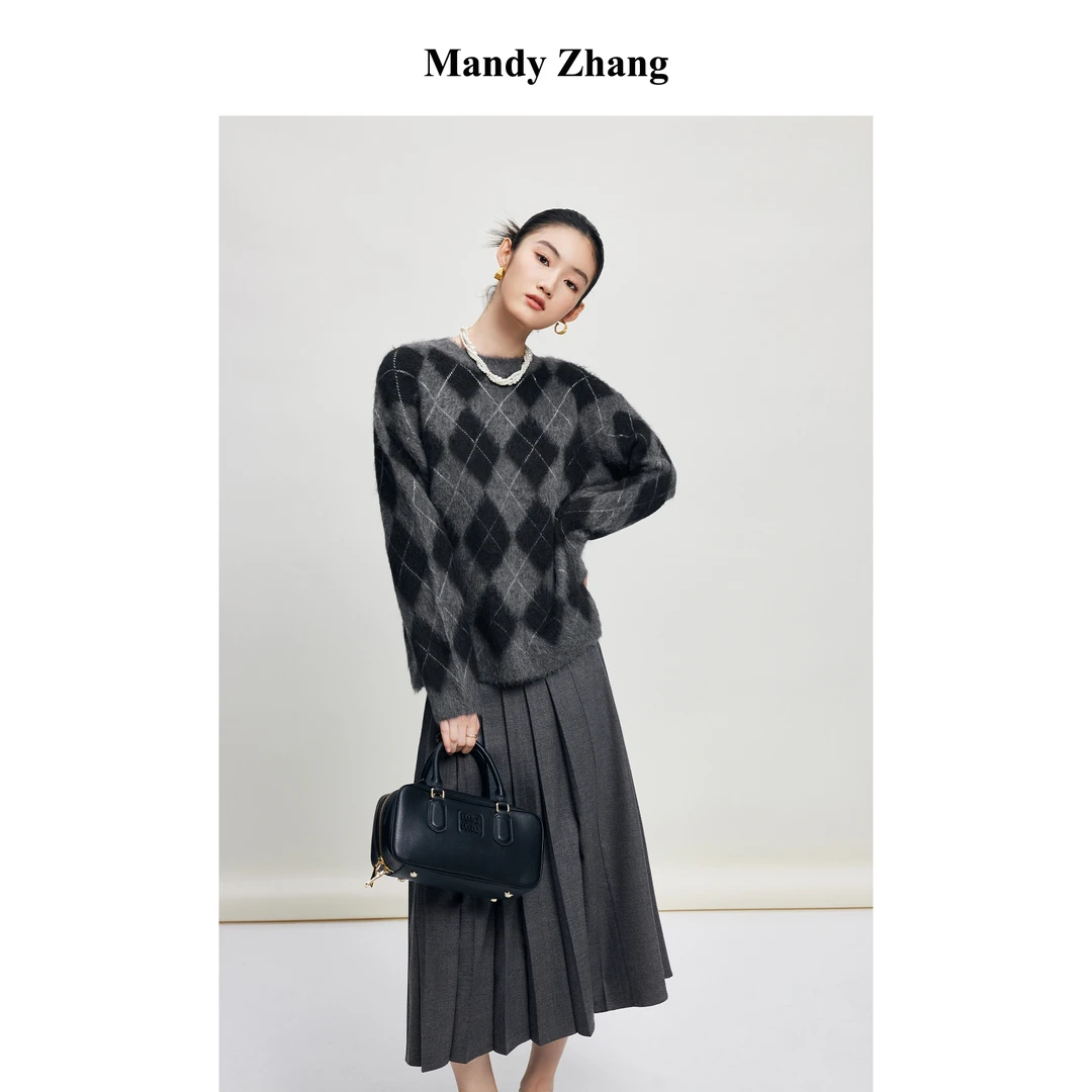 MandyZhang复古气质羊驼毛针织衫上衣女冬季别致灰色菱格毛衣