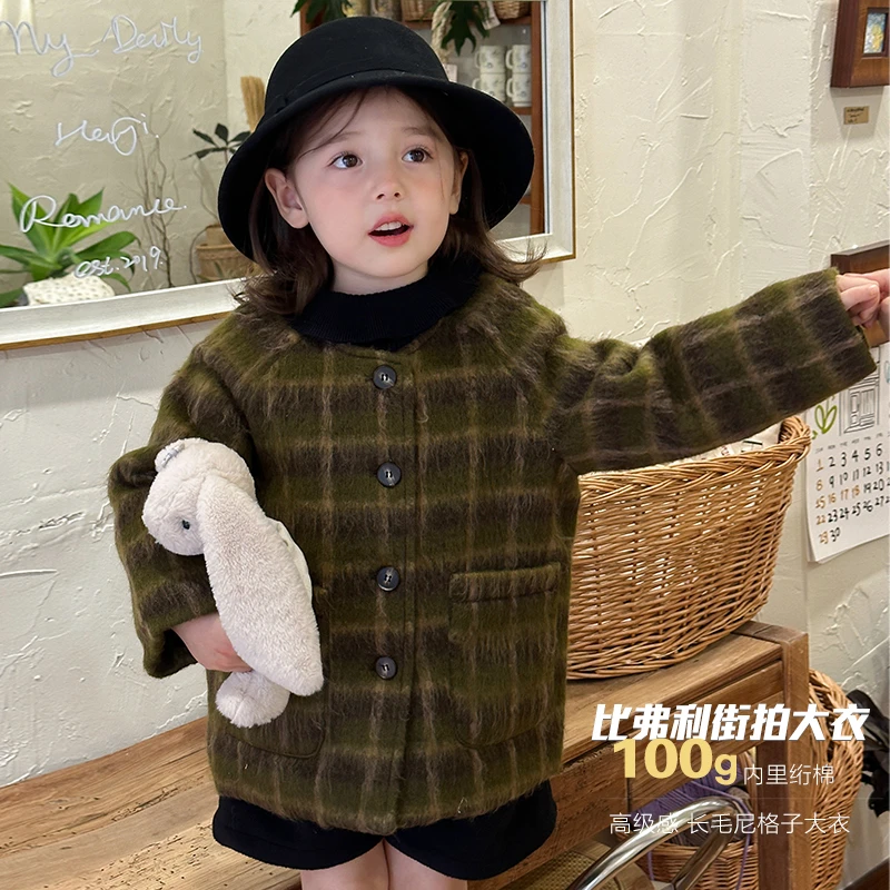 SKG2486女童韩版洋气格子毛呢外套冬装新款复古加厚保暖夹克潮