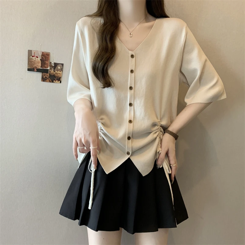 V领抽绳设计感冰丝短袖T恤女夏季胖妹妹大码宽松遮肉显瘦开衫上衣