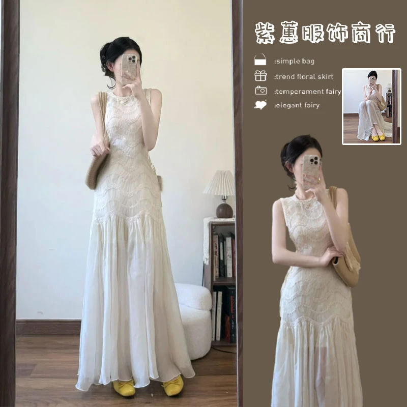 2025夏季法式超好看独特漂亮无袖背心连衣裙今年流行的爆款蕾丝裙