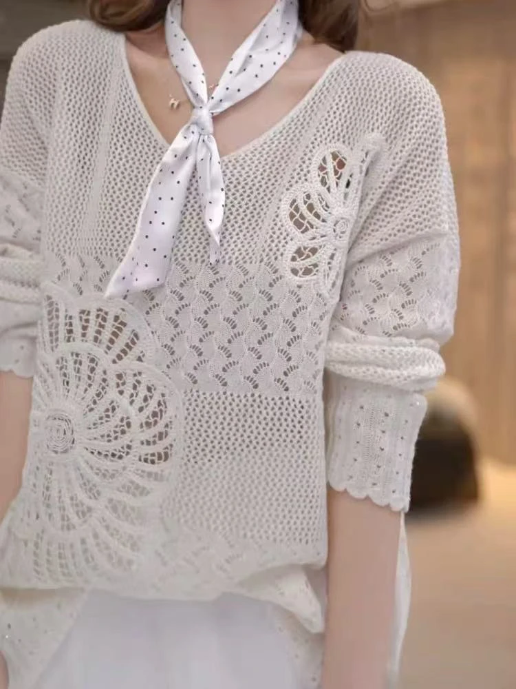 设计感透气镂空针织衫女2025新款宽松漂亮夏季短袖8036