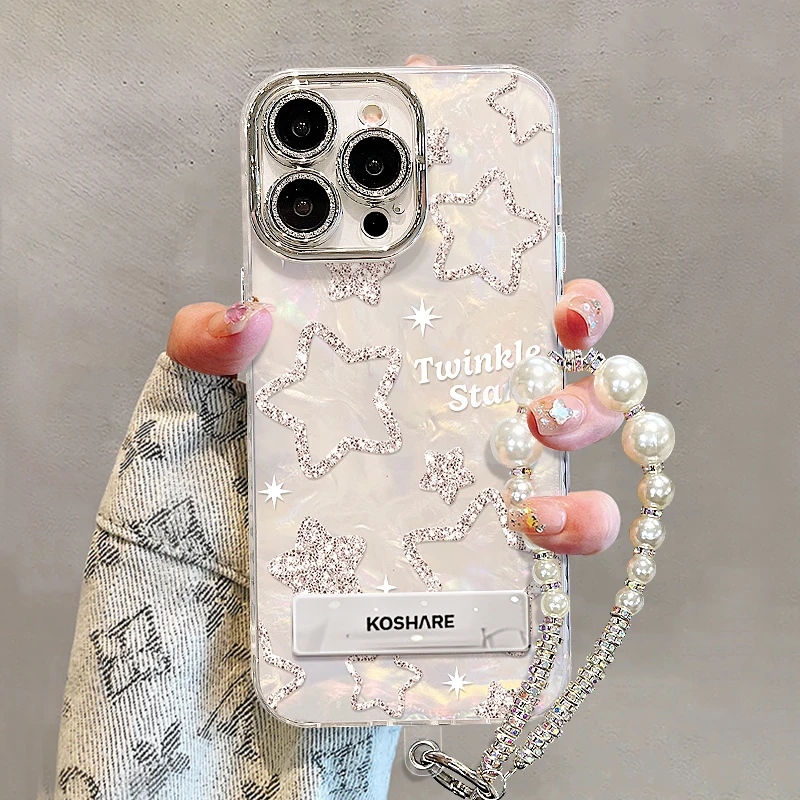 闪粉星星支架手链适用苹果手机壳女款带镜头膜高级全包防摔保护套