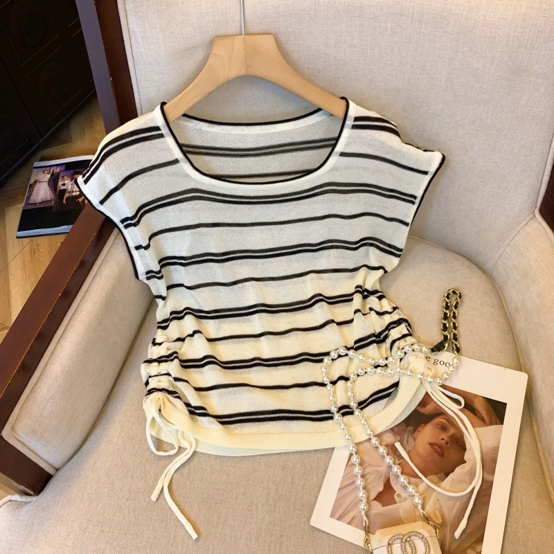 专柜撤回剪标正肩条纹小飞袖T恤女夏季新款通勤收腰显瘦舒适上衣