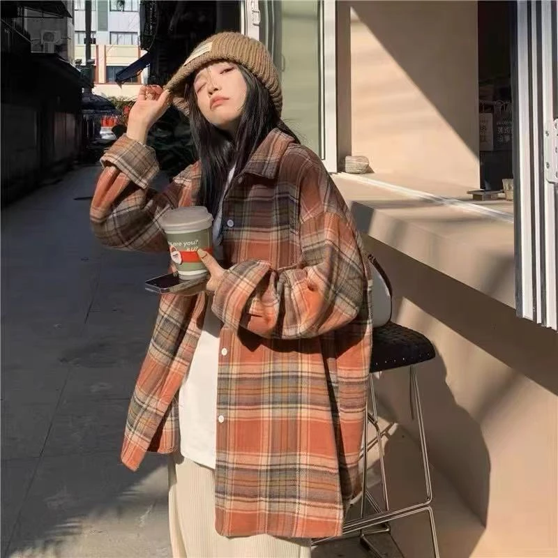 磨毛衬衫早春宽松慵懒格子衬衣开衫0018