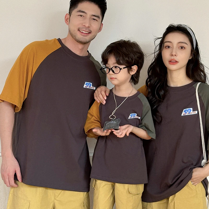 夏季休闲字母韩版一家三口亲子装半袖夏装潮流上衣印花大码