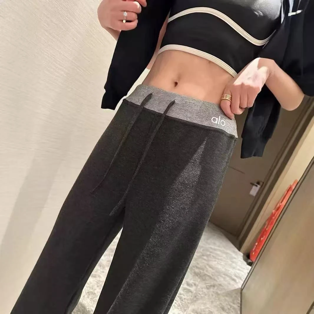 a/o黑色拼接双腰头假两件休闲运动垂感长裤