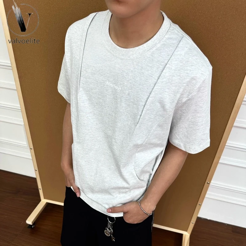 VALVOELITE美式褶皱口袋设计感字母印花宽松男女圆领T恤宽松短袖