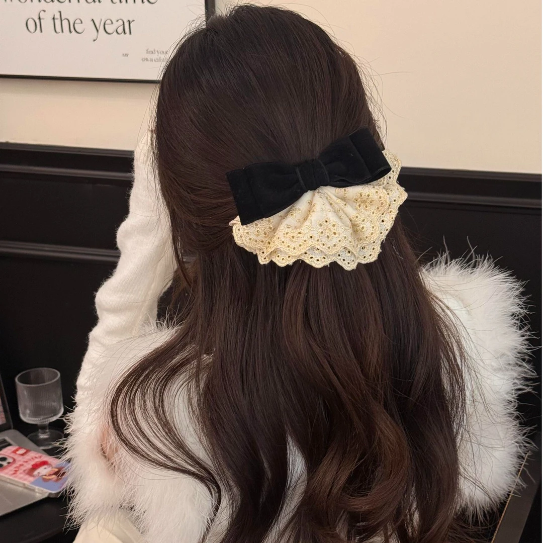 秋冬韩系蝴蝶结蕾丝花边发夹女高级感后脑勺抓夹发饰弹簧夹头饰