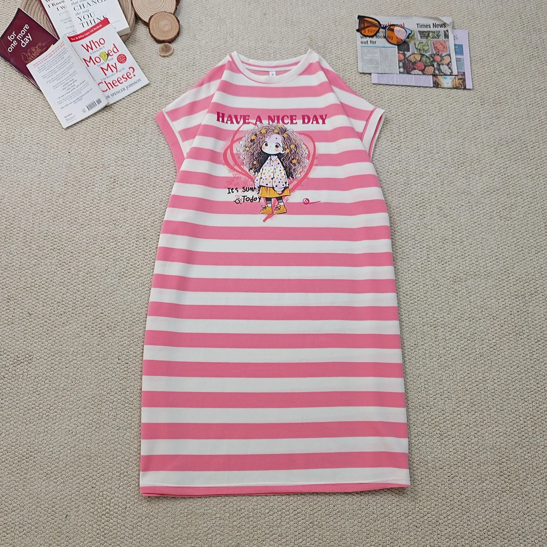 2025夏季新款休闲卡通印花条纹短袖连衣裙3313