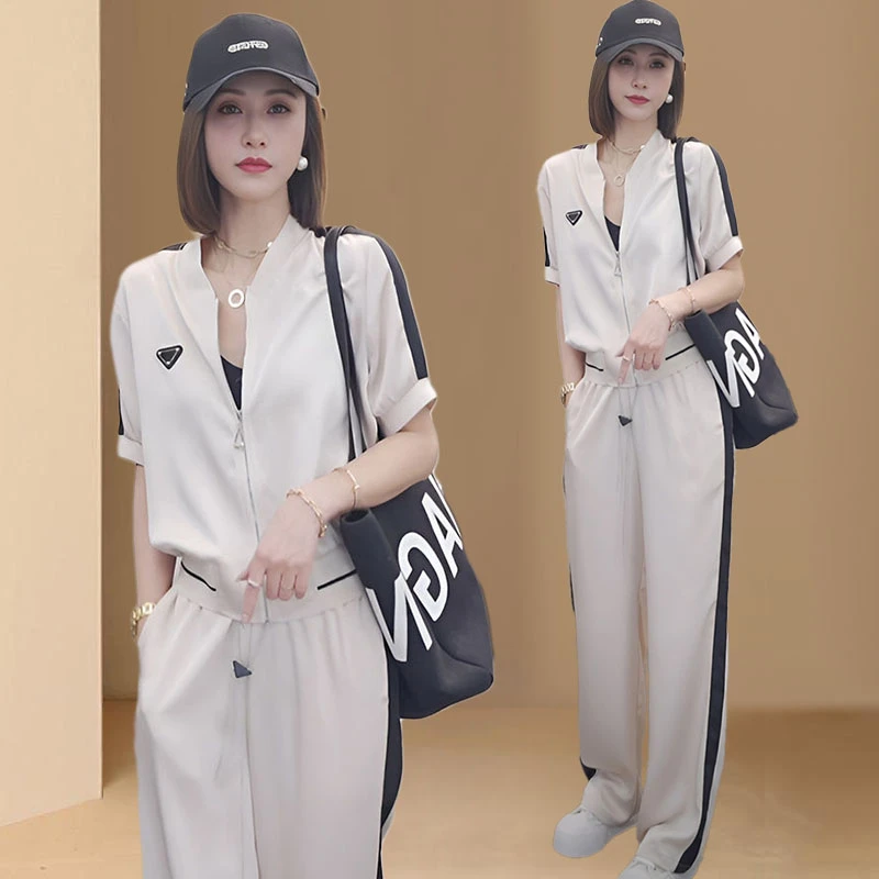 时尚运动服套装女2025年夏季新款显瘦设计感开衫短袖阔腿裤两件套