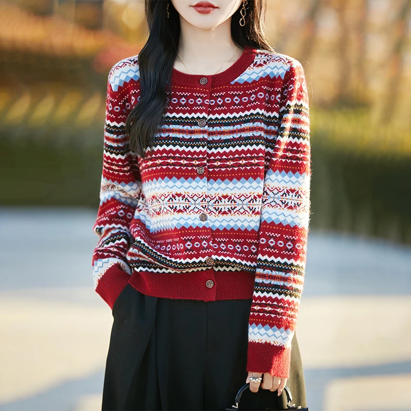 重工费尔岛！精纺细羊毛全身重工提花加厚圆领打底衫宽松开衫撞色