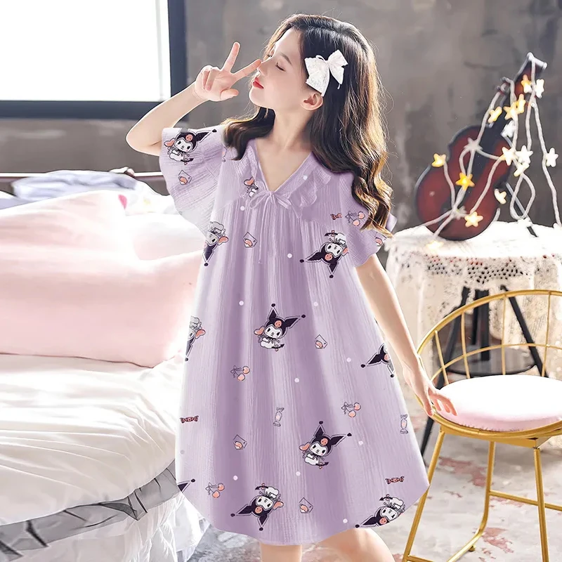 儿童睡裙夏季纯棉纱布V领睡衣公主风女童卡通公主女孩家居服夏天