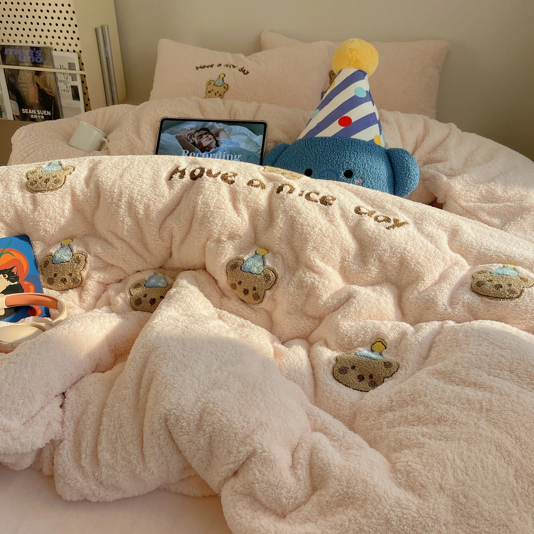 奶油风泰迪绒床上四件套冬季加厚牛奶绒床品珊瑚绒面被套加绒床单