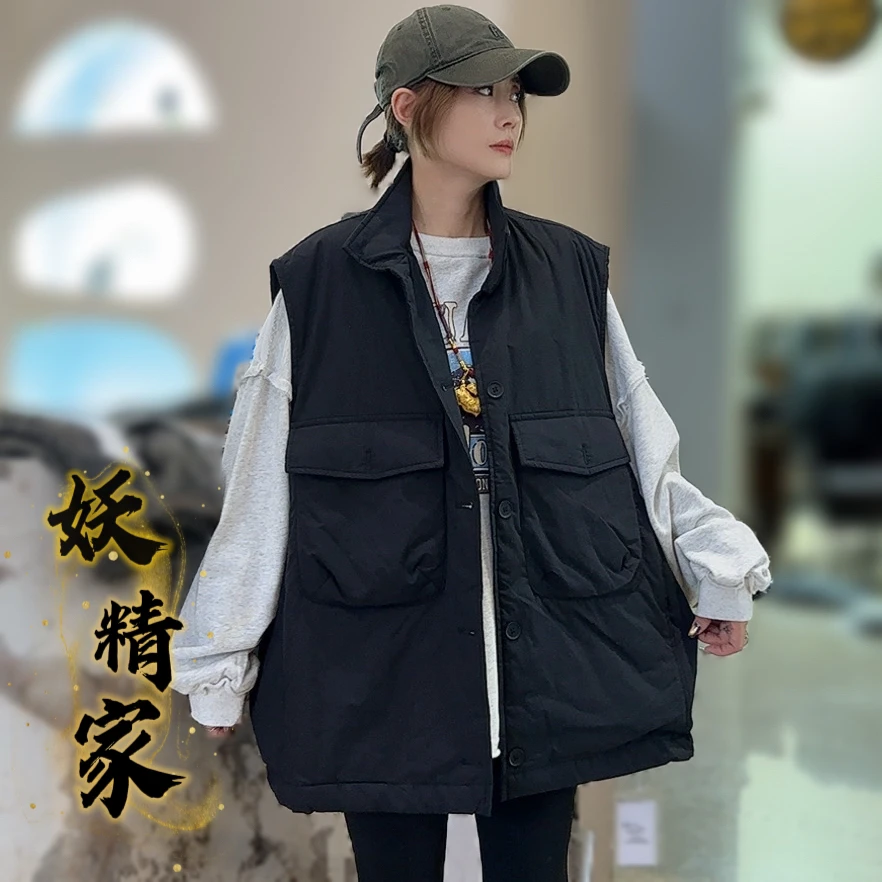453137【妖精家】新款立领宽松休闲高级感外穿早冬洋气无袖上衣马夹