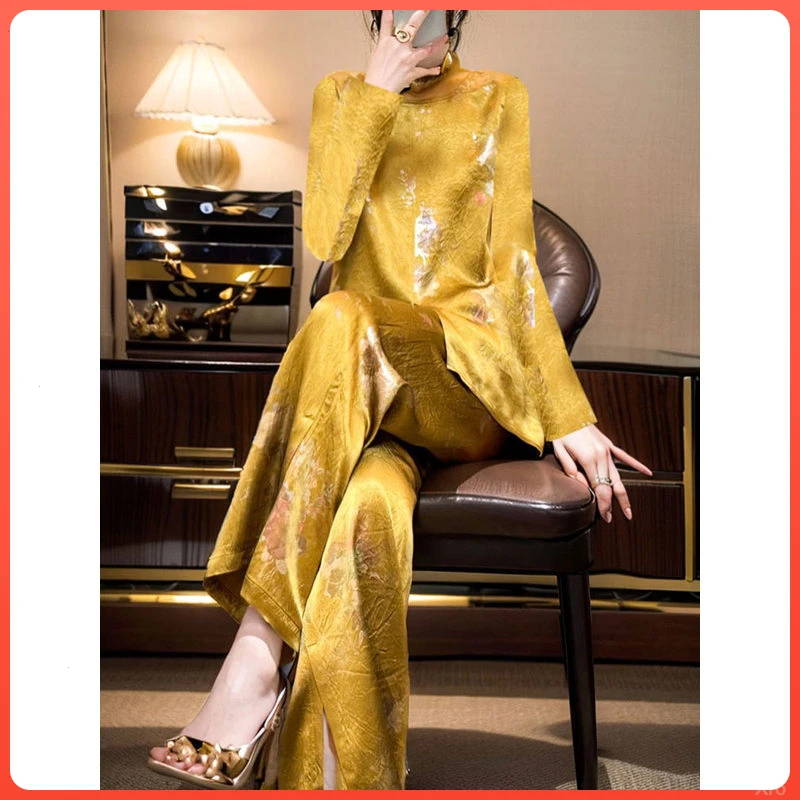 超好看优雅秋季气质新中式名媛风复古提花上衣阔腿裤两件套装女