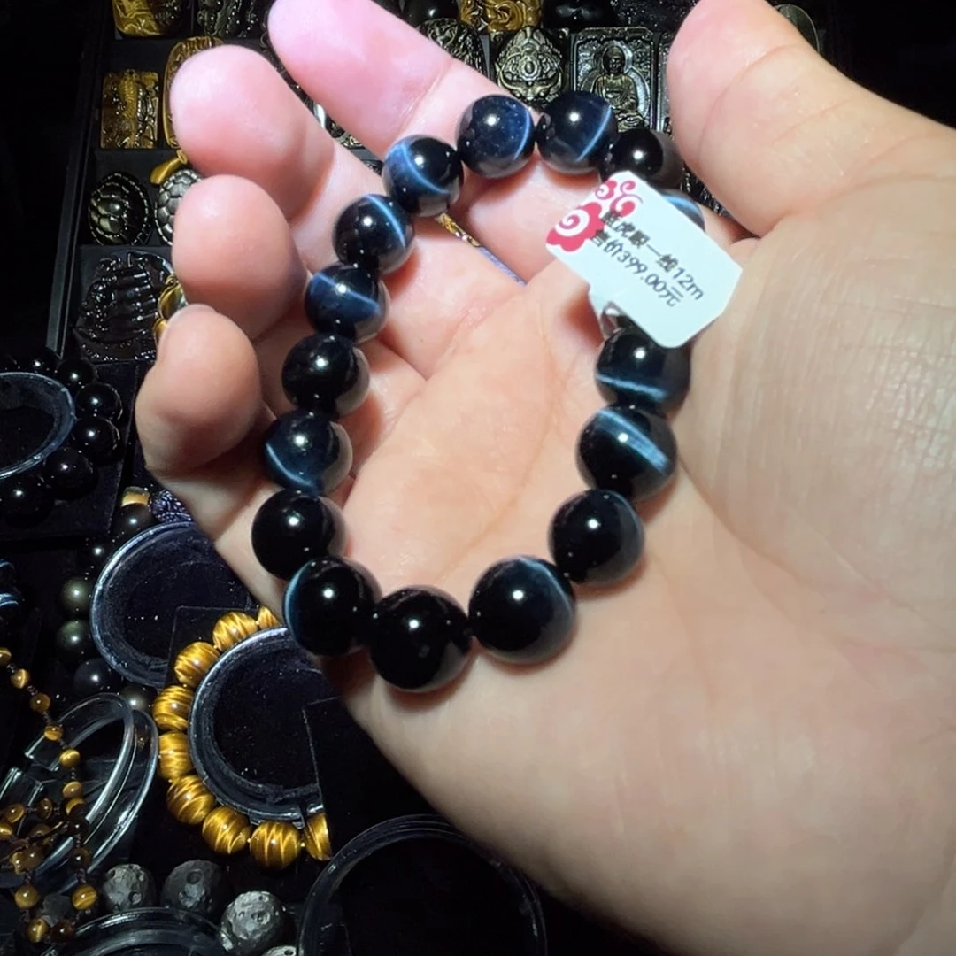 未镶嵌黑曜岩手链初*天然蓝虎眼一线闪电12m