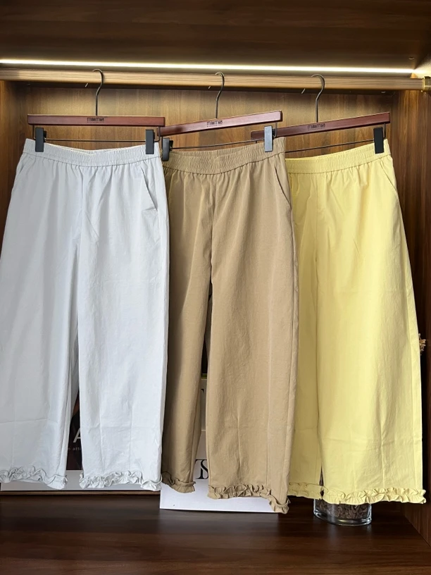 3118新款松紧花边裤脚九分直筒休闲裤女