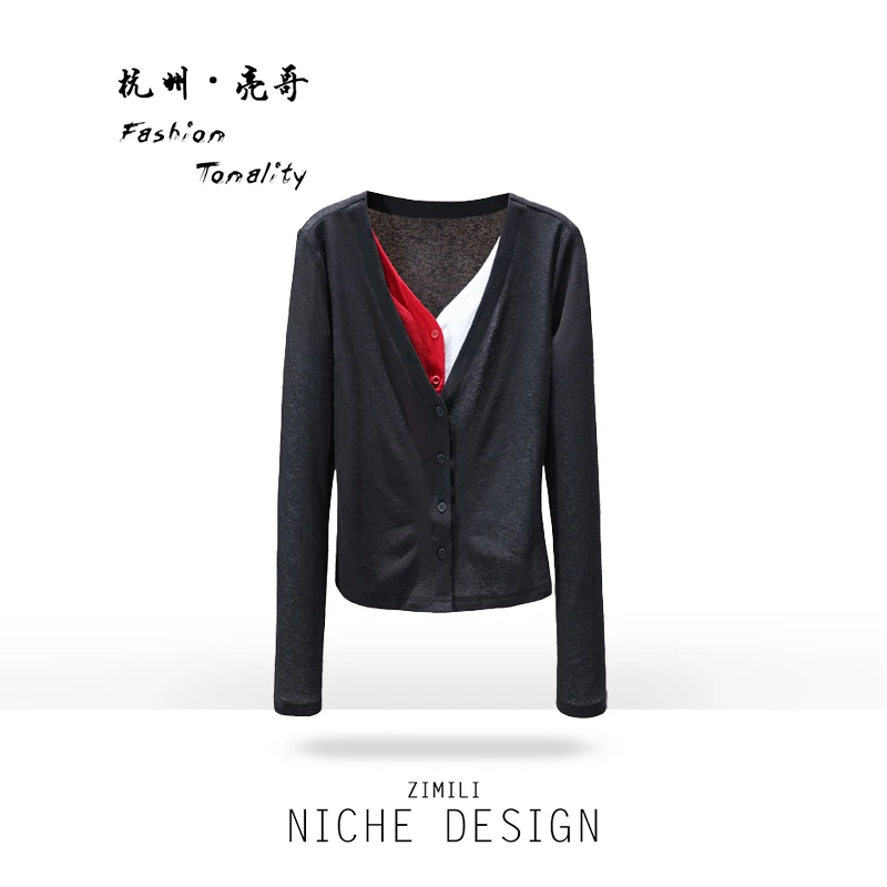 【亮哥女装】2025新品高弹垂感面料暗夜黑V领撞色气质上衣9883-A2