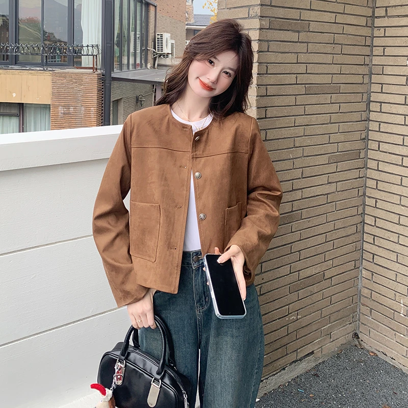 美拉德棕复古麂皮绒短外套女2025春季新款小个子韩系chic夹克上衣