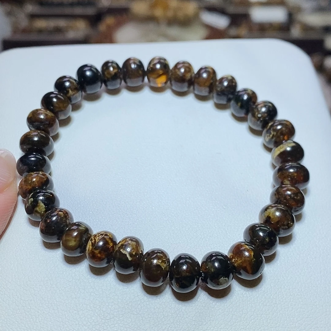 琥珀未镶嵌裸石黑金花8m