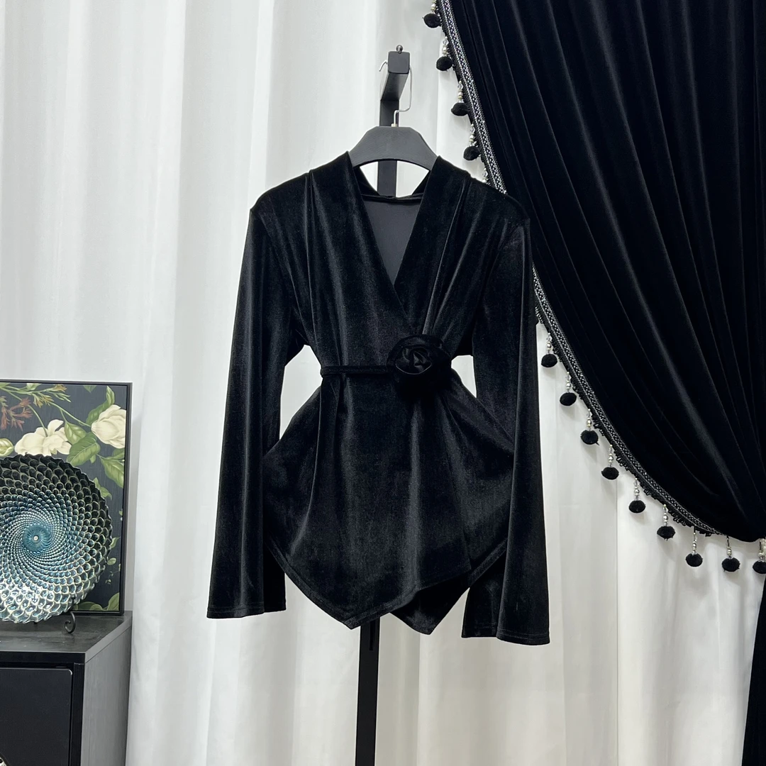 罗马女神黑色金丝绒短款西装上衣外套礼服-玫瑰