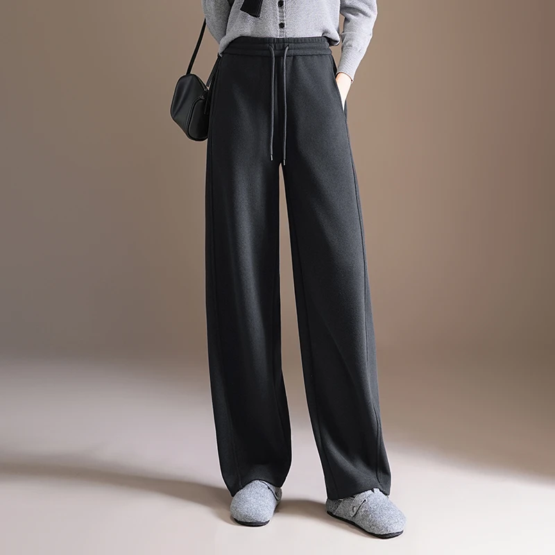 休闲窄版弯刀裤纯色加厚毛呢运动裤秋冬新款高腰长裤阔腿裤直筒裤