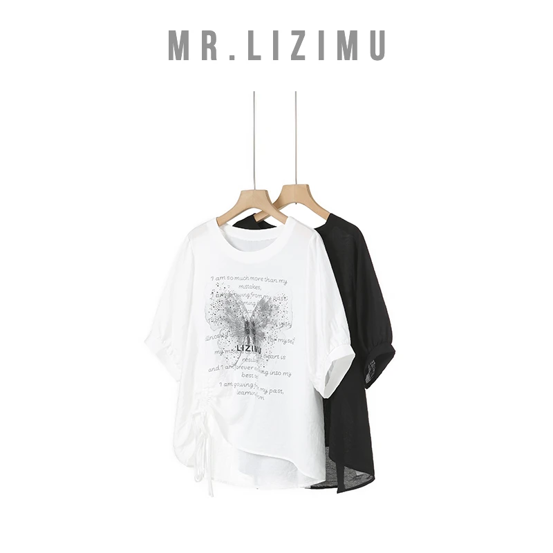 李子木先生字母粘钻蝴蝶短袖女款爆款2025『夏上新』抽绳短袖D6687